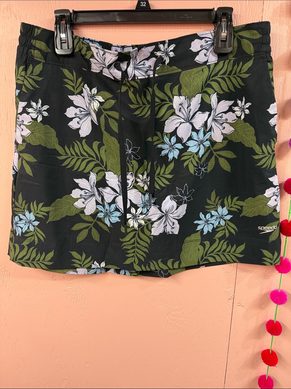 Speedo Black Floral Swim Skort with Green Leaves